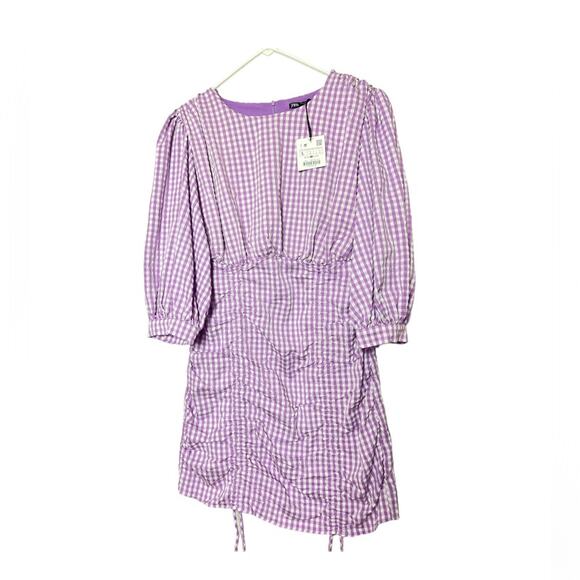 Zara Women's Blogger Style Lilac Gingham Pattern Rushed Side  Mini Dress Sz L - Picture 1 of 16